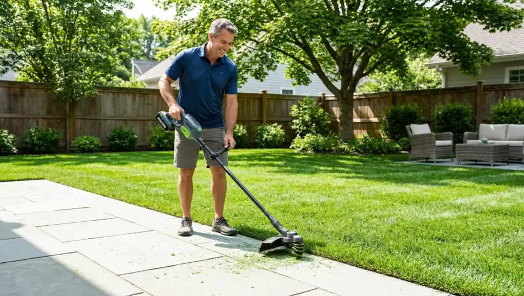 A happy suburban homeowner trimming neat grass edges along a stone patio walkway with a modern lightweight cordless weed eater on a sunny afternoon