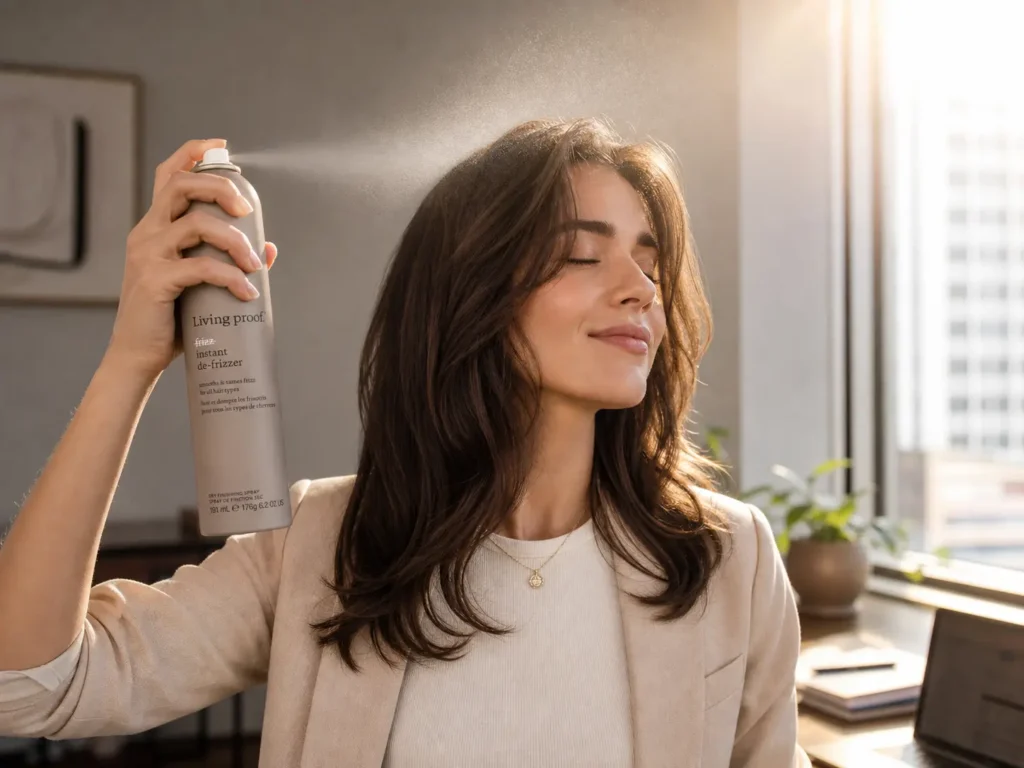 Living Proof No Frizz Instant De-Frizzer misting dry hair to instantly remove summer frizz