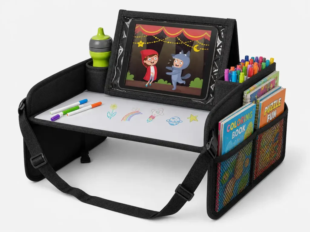 Lusso Gear Kids Travel Tray with a detachable tablet holder and side storage pockets