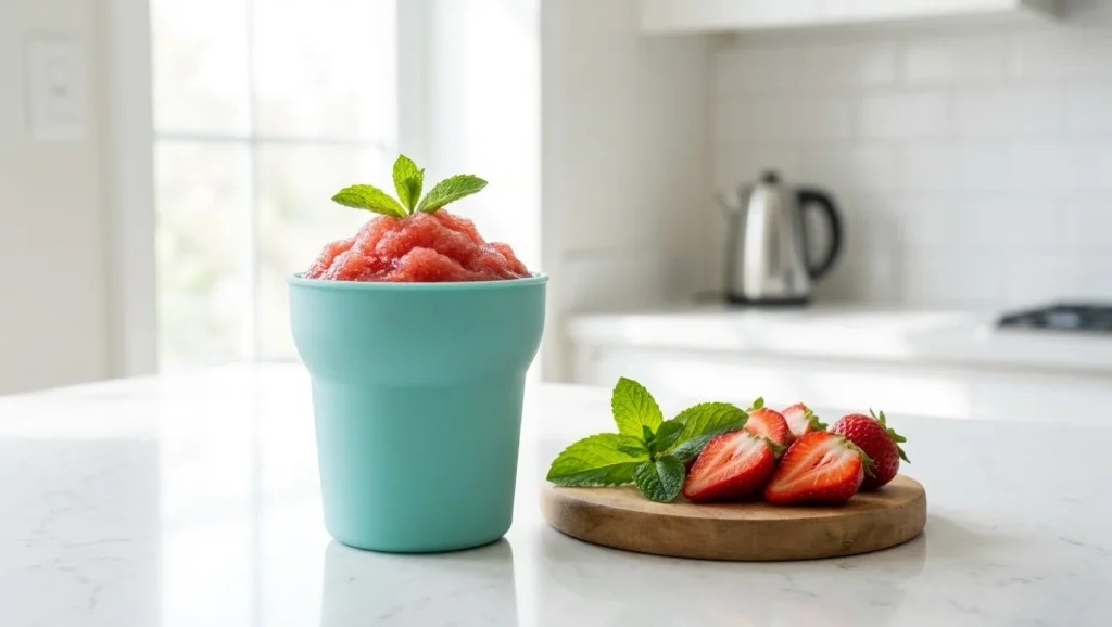 Slushie Cup Maker Squeeze Cup filled with strawberry juice slushie on kitchen island