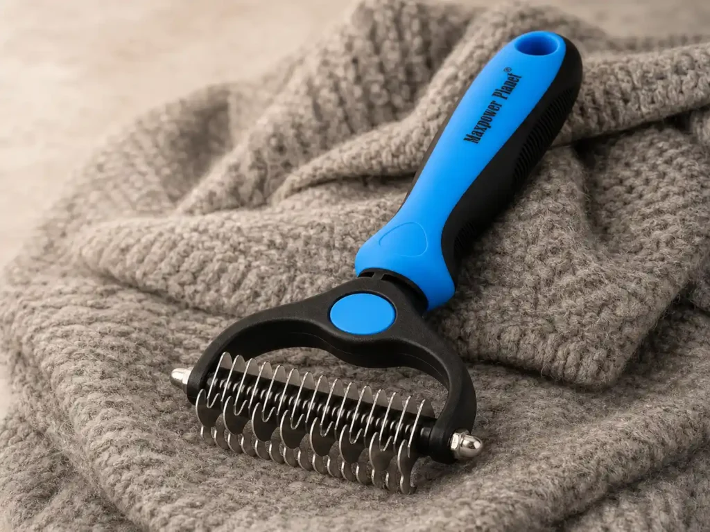 Dual-sided Maxpower Planet Pet Grooming Brush laying on a grey woven dog blanket surrounded by brushed pet fur.