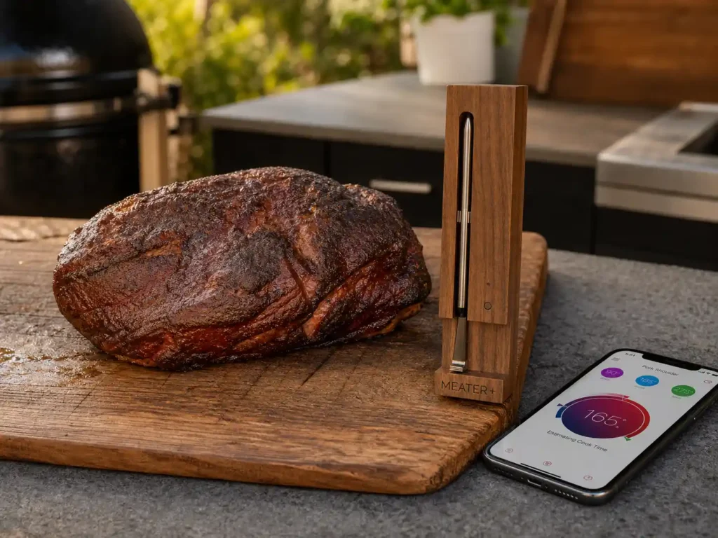 The MEATER Plus smart wireless meat probe resting in its wooden charging dock next to a smoked pork shoulder on a cutting board.