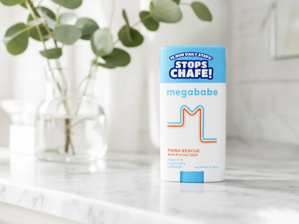 Megababe Thigh Rescue Anti-Chafe Stick on a bright marble bathroom counter next to a eucalyptus plant.