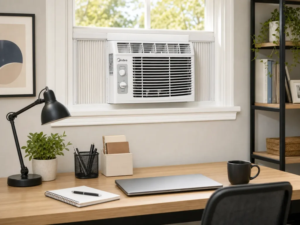 Midea 5,000 BTU EasyCool Small Window Air Conditioner installed in a compact home office window