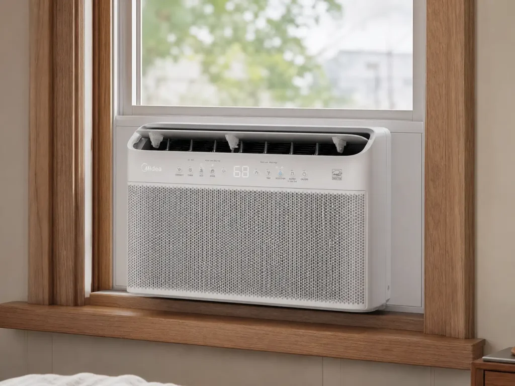 Midea 8,000 BTU U-Shaped Smart Inverter Window Air Conditioner installed in a modern bedroom window