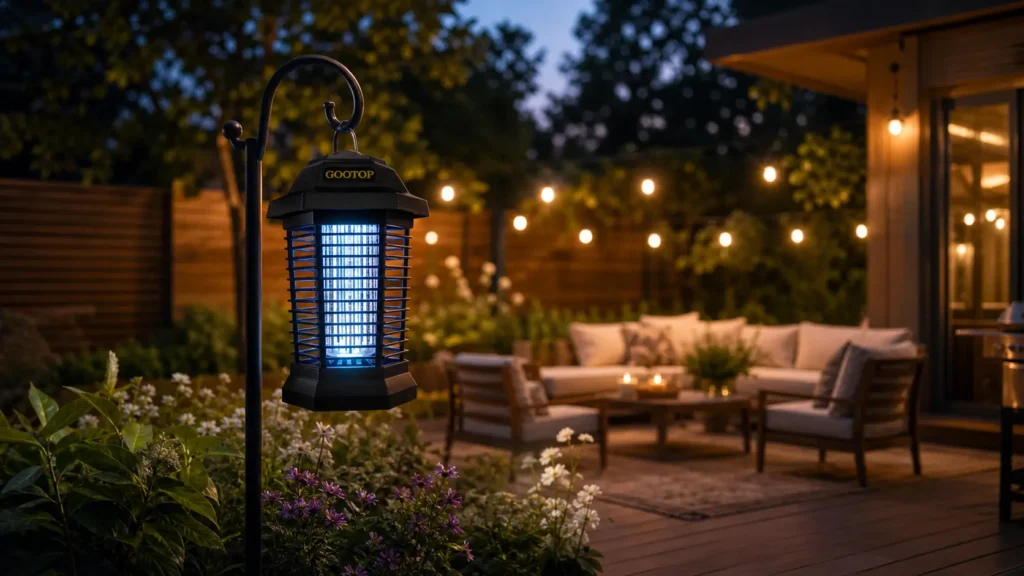 A guide on where to hang bug zapper units featuring a sleek black outdoor zapper glowing on a cozy patio at dusk.