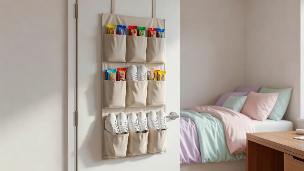 Modern minimalist college dorm room door featuring a beige hanging over the door shoe organizer filled with sneakers and snacks