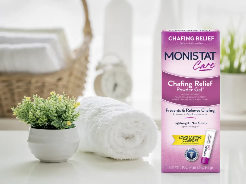 A close-up of a tube of Monistat Chafing Relief Powder Gel being held, showing its cream-to-powder texture.