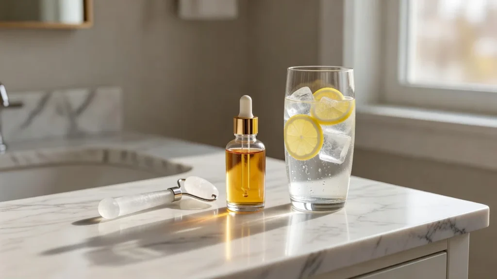 A frosted facial ice roller sitting on a white bathroom vanity next to skincare serum in morning sunlight