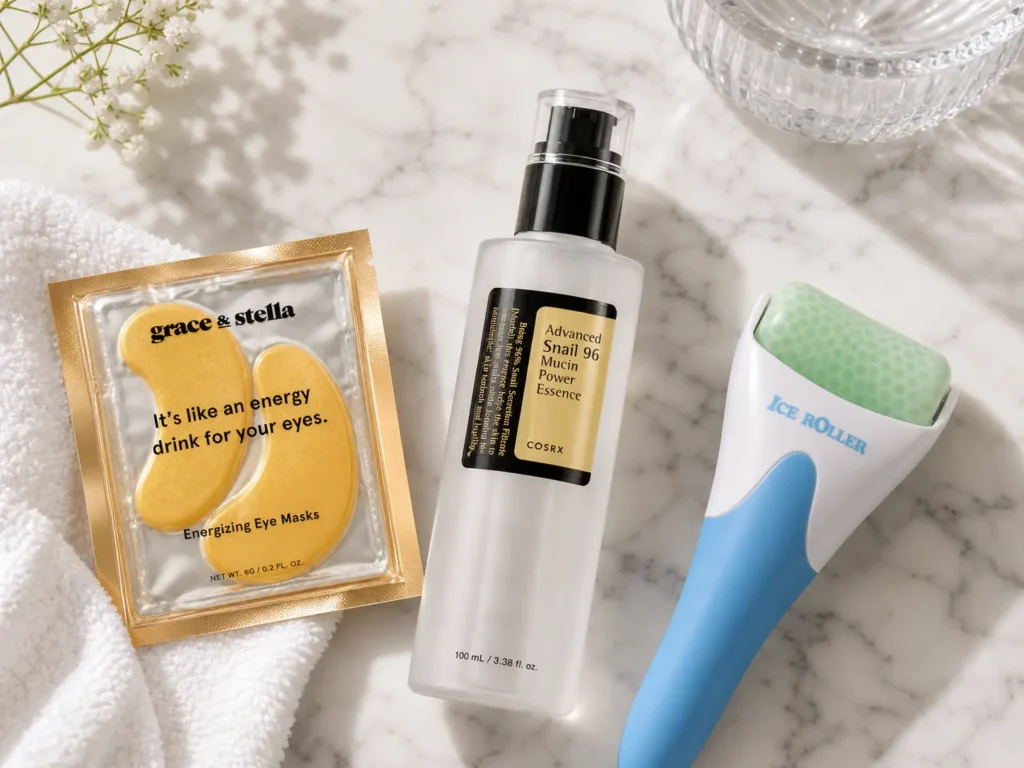 Flatlay of under-eye patches, hydrating facial serum, and a pastel ice roller on a bathroom counter.