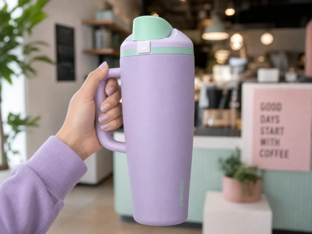 Hand holding a pastel pink and green Owala 40 oz insulated travel tumbler with a carry handle.