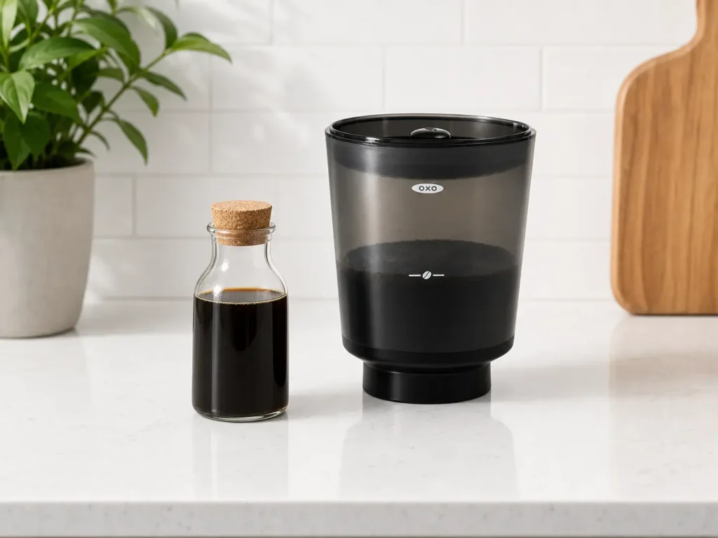 The OXO Brew Compact Cold Brew Coffee Maker sitting neatly on a modern kitchen counter next to its glass carafe.