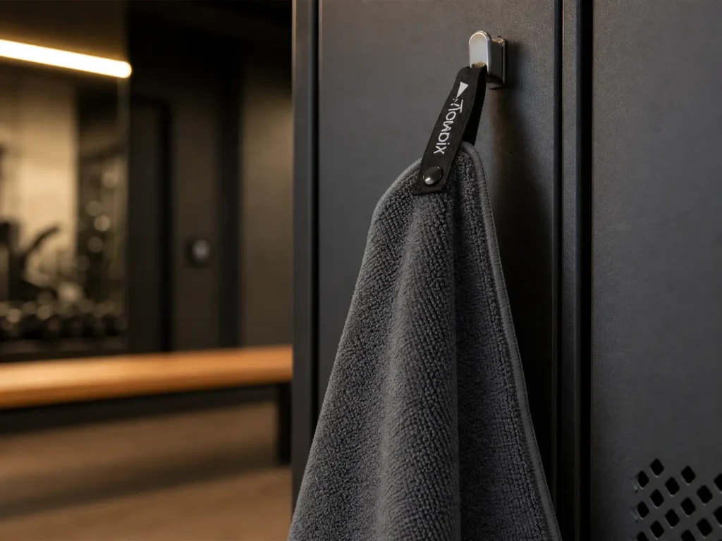 Close-up shot of a textured plush PackTowl Luxe microfiber gym towel hanging from a locker hook in a modern fitness center locker room.