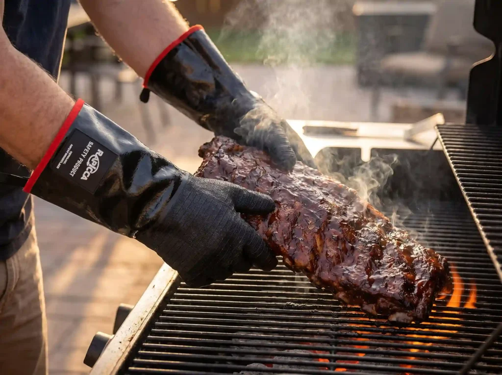 A person wearing heavy-duty black RAPICCA BBQ grill gloves lifting a hot, smoked rack of ribs directly off a charcoal grill.