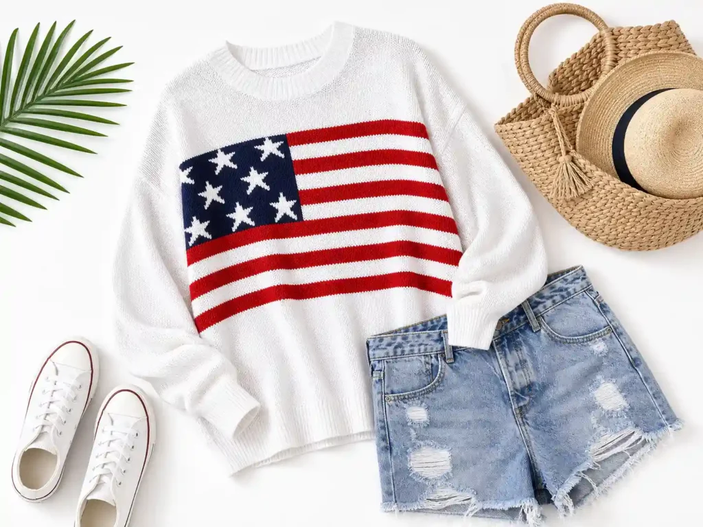 Shermie Women's American Flag Sweater styled with denim shorts and casual white sneakers.