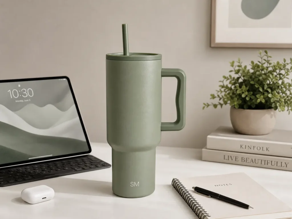 Minimalist sage green Simple Modern 40 oz Trek tumbler on a wooden desk next to a notebook.