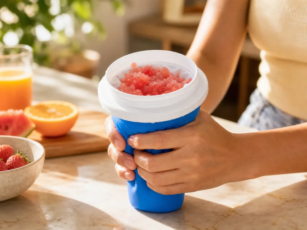 Hands squeezing a blue silicone Slushie Cup Maker to turn orange juice into slushy ice in seconds