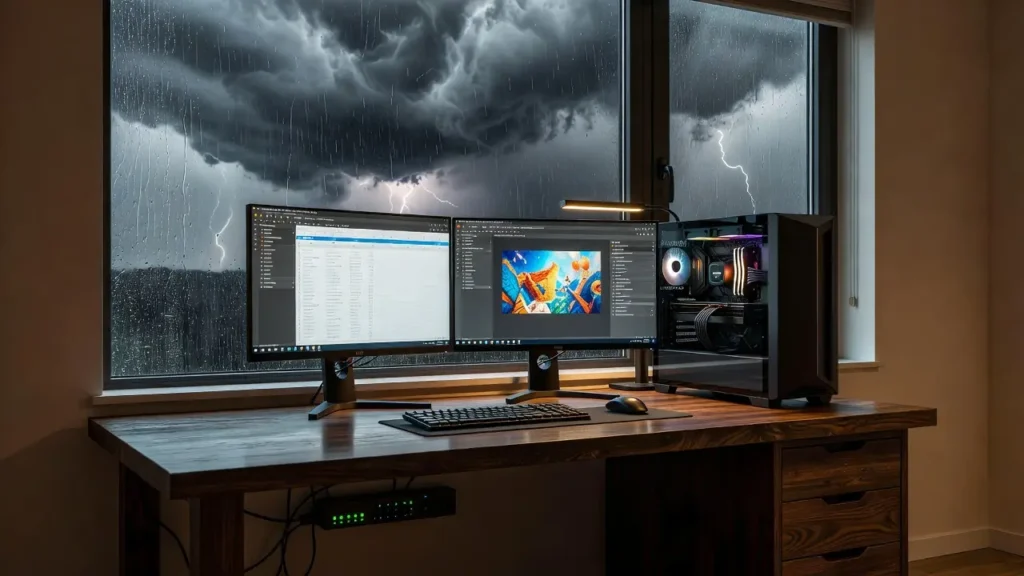 Belkin 12-outlet surge protector mounted under a dark wood home office desk during a heavy summer thunderstorm outside