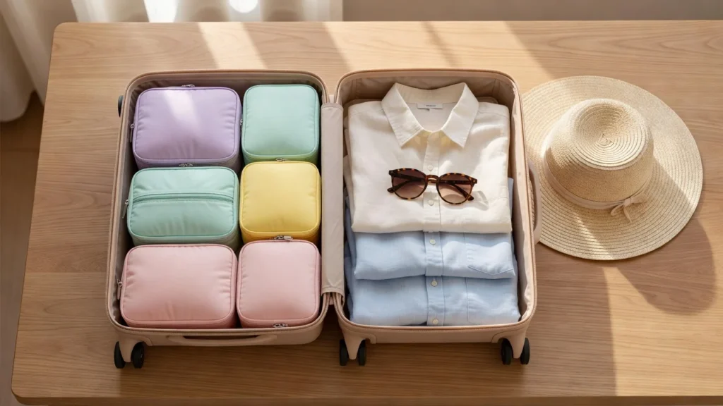 Open carry-on luggage neatly organized with compression packing cubes for a weekend travel getaway.