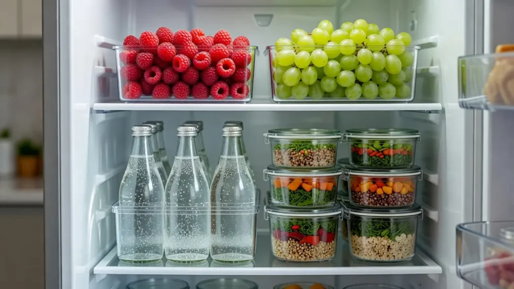 Best clear fridge bins for Sunday reset prep filled with fresh produce and snacks