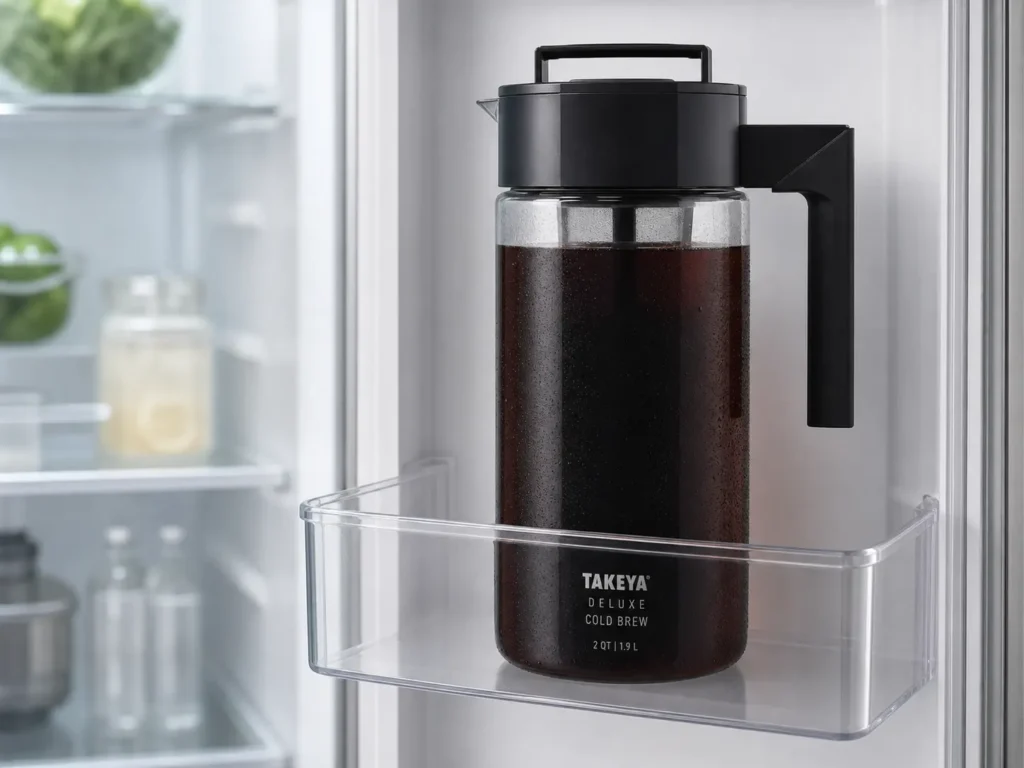A black Takeya Patented Deluxe Cold Brew Coffee Maker stored conveniently inside a refrigerator door.
