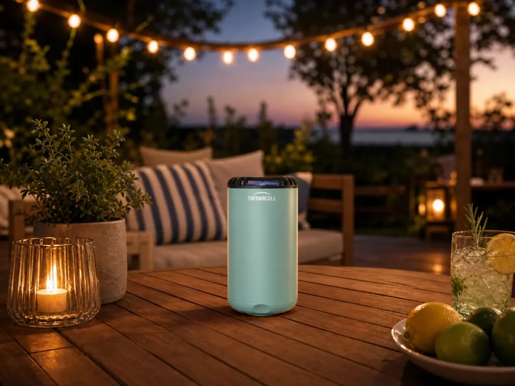 A Thermacell Patio Shield Mosquito Repeller sitting on an outdoor table during a summer evening, creating a protective bug-free zone.
