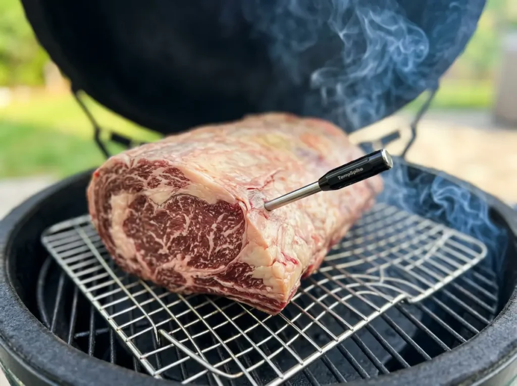 A ThermoPro TempSpike wireless meat thermometer probe inserted into a thick cut of prime rib cooking inside an outdoor grill.