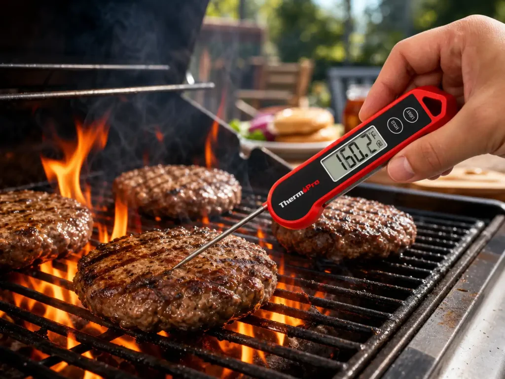 A hand holding a red ThermoPro TP19H instant-read digital thermometer to check a grilled burger patty on an open grill.
