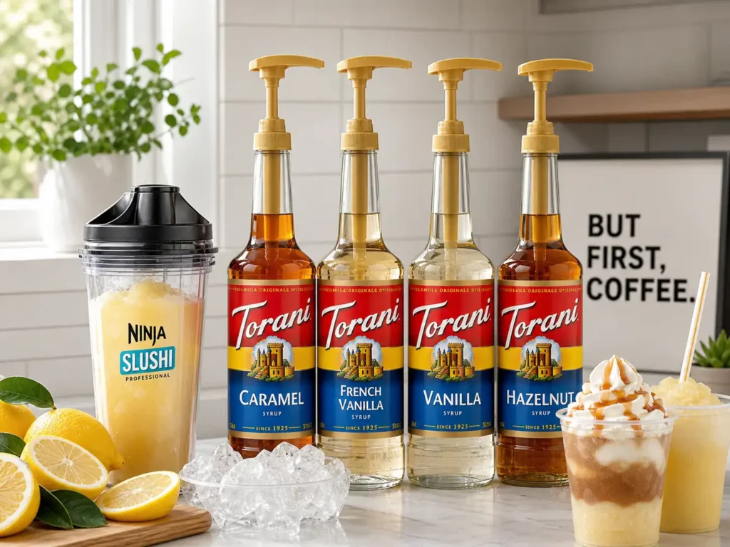Bottles of Torani flavor syrups lined up on a kitchen counter near a slushy cup for DIY flavor recipes