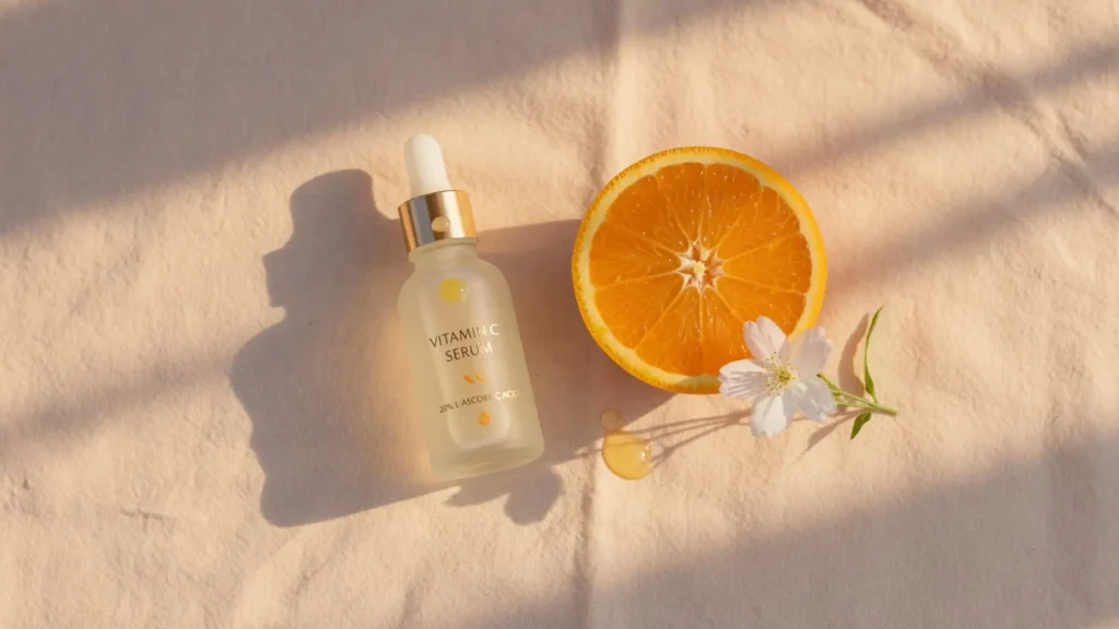 A bottle of gentle vitamin c serum for sun damage next to a sliced orange
