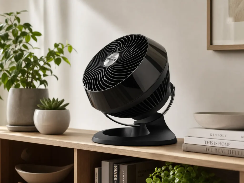 Vornado 660 Whole Room Air Circulator Fan sitting on a modern shelf circulating cool air