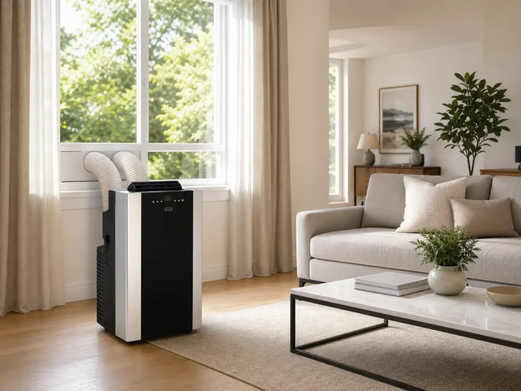 Whynter ARC-14S 14,000 BTU Dual Hose Portable Air Conditioner standing on a hardwood floor next to a window