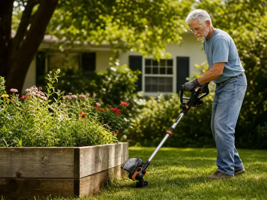 A happy homeowner using the best lightweight weed eater for elderly users to trim neat grass edges along a stone patio walkway.
