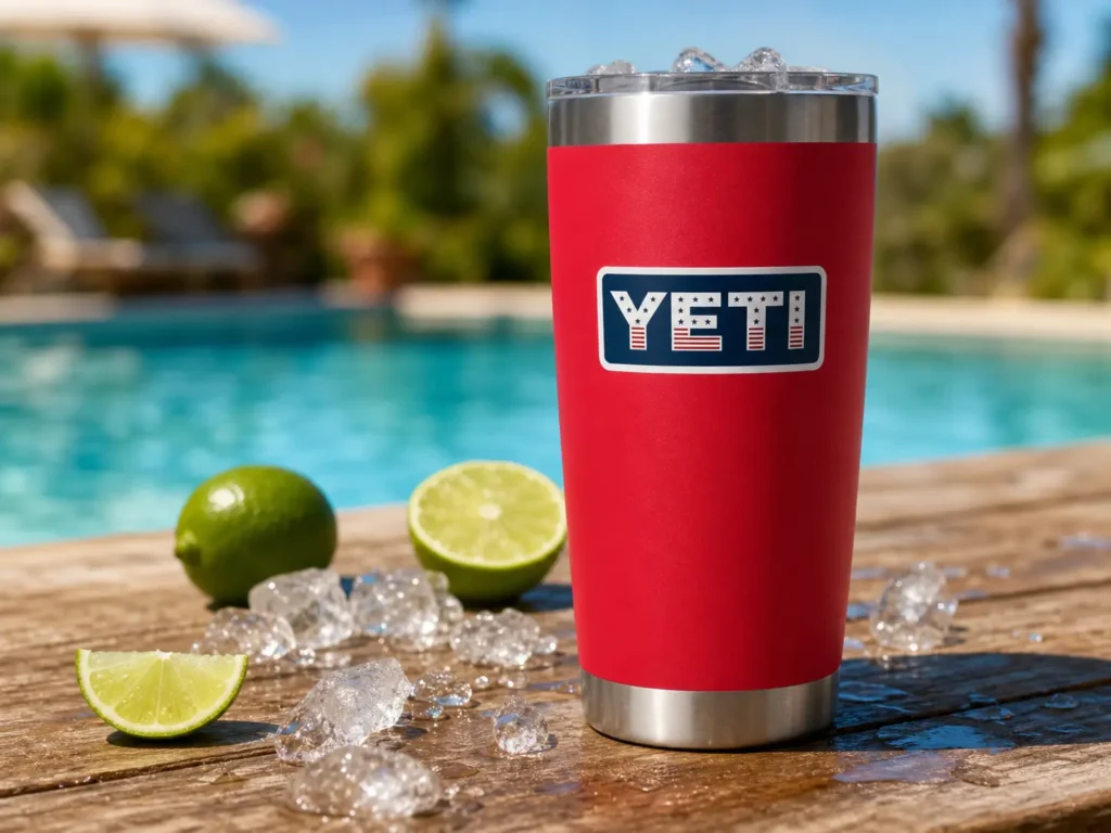 YETI Rambler 20 oz Tumbler in Rescue Red on an outdoor table.