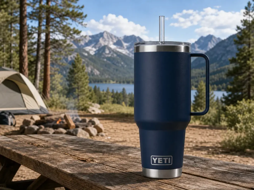 Rugged navy blue YETI Rambler 42 oz Mug with Straw Lid on a wooden picnic table outdoors.