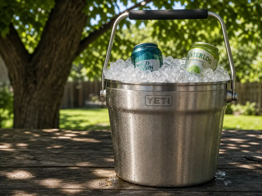 YETI Rambler Beverage Bucket in stainless steel holding fresh nugget ice outdoors on a summer picnic table.