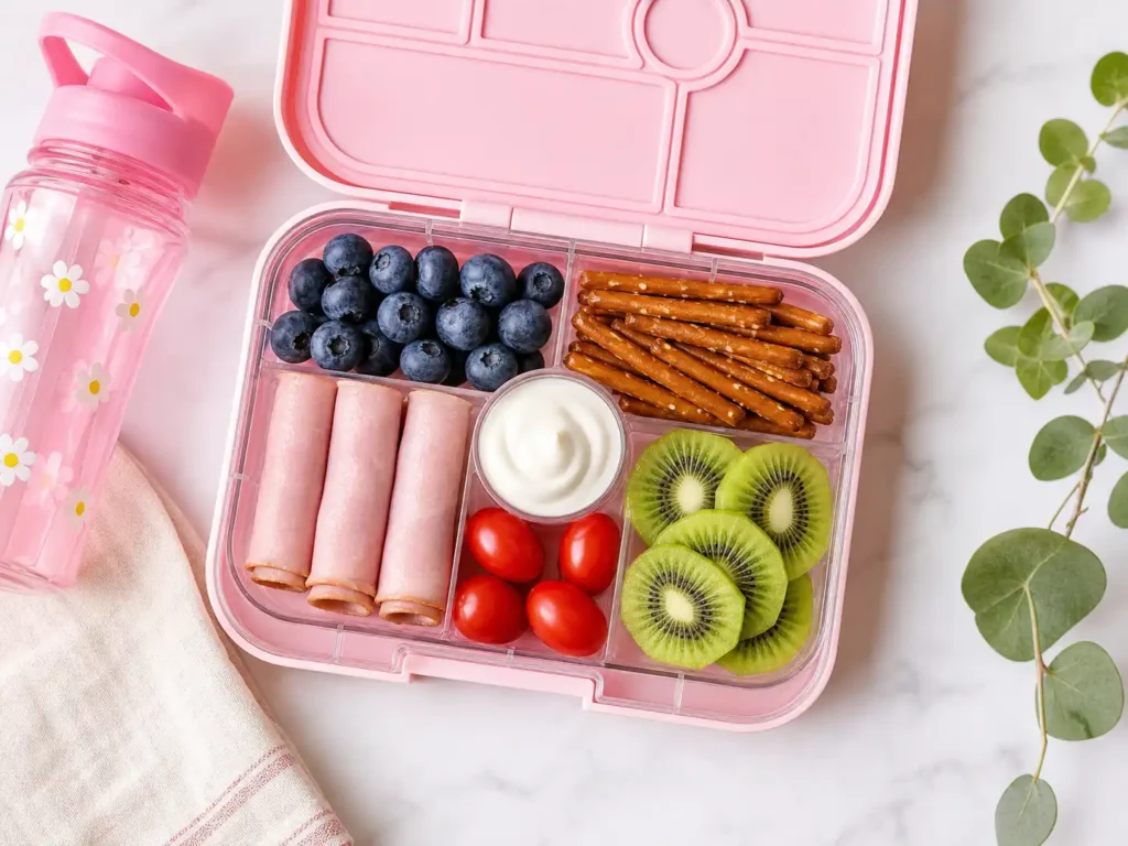 Overhead flat-lay view of a pastel pink Yumbox Original leakproof bento box showing six food compartments perfectly portioned with fruits, vegetables, proteins, and a center yogurt dip well