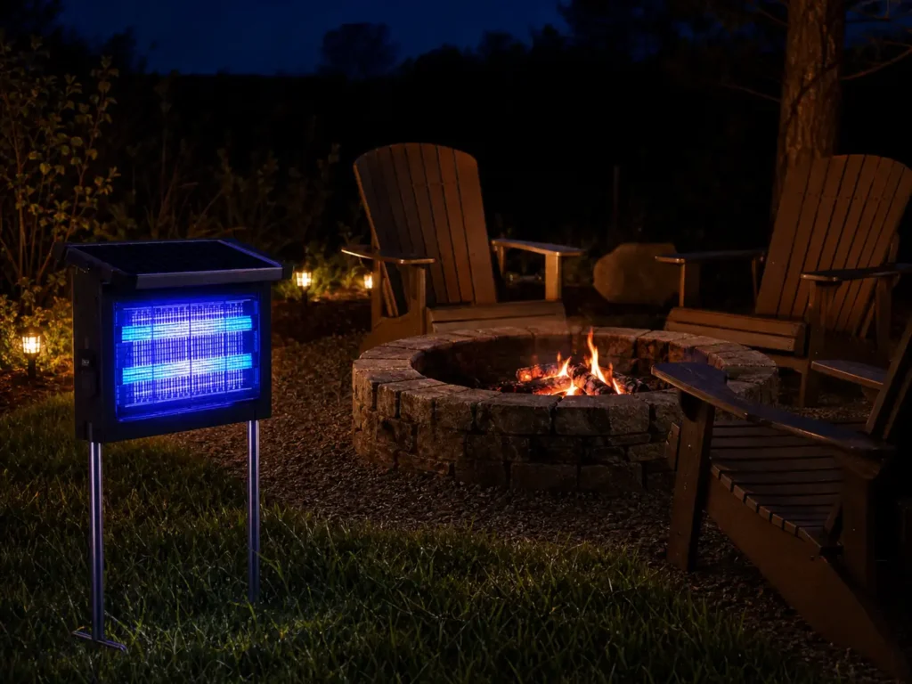 A solar-powered Zechuan bug zapper staked into the ground next to a cozy backyard stone fire pit at night.