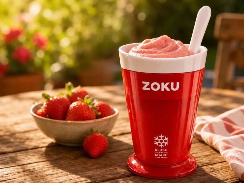 A red ZOKU Original Slush and Shake Maker cup filled with a thick strawberry milkshake on a patio table