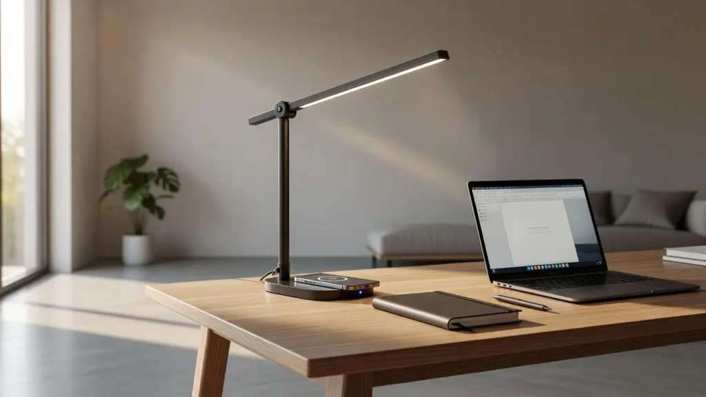 An aesthetic minimalist desk setup featuring a modern LED desk lamp with a built-in wireless charger.
