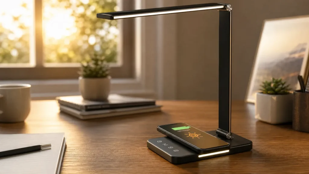 Close up of the matte black AFROG LED desk lamp charging a smartphone on a minimalist wooden desk.