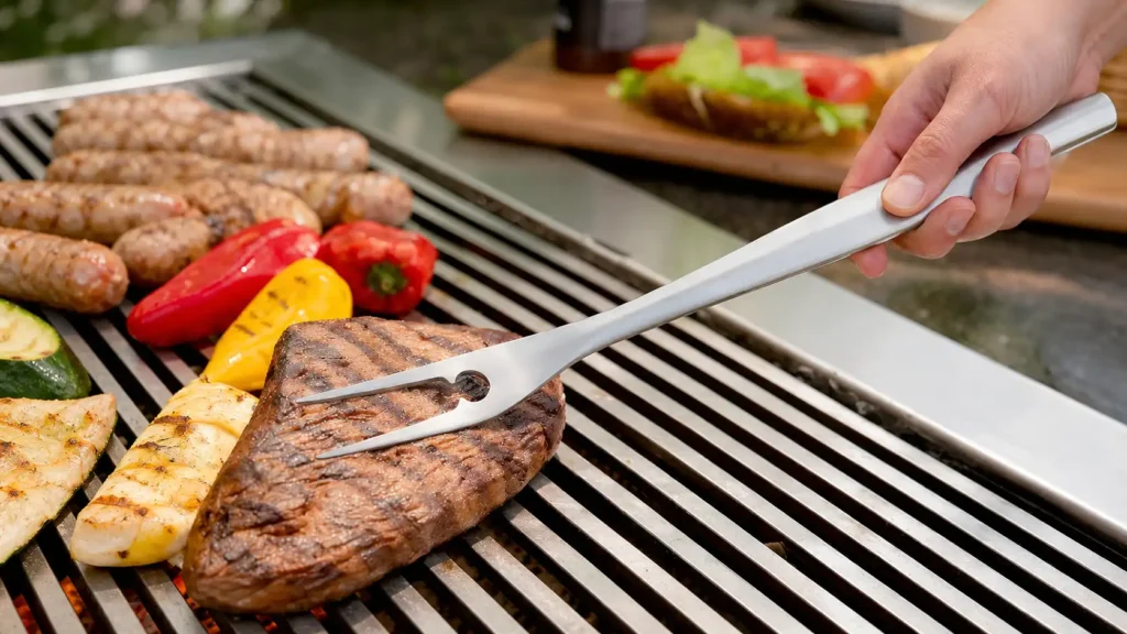 Heavy duty stainless steel Alpha Grillers fork lifting a large burger patty over hot grates. 