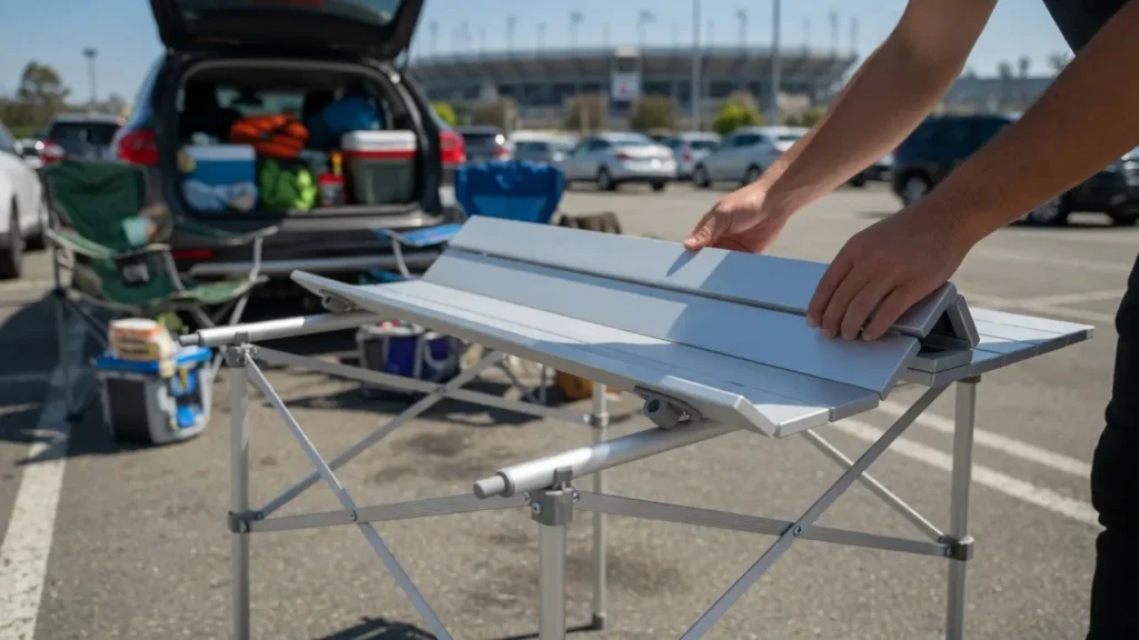 Unrolling the ALPS Mountaineering aluminum dining table during a football tailgate setup.