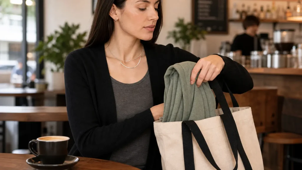 Woman pulling the Amazon Essentials Women's Lightweight Open-Front Cardigan out of her bag