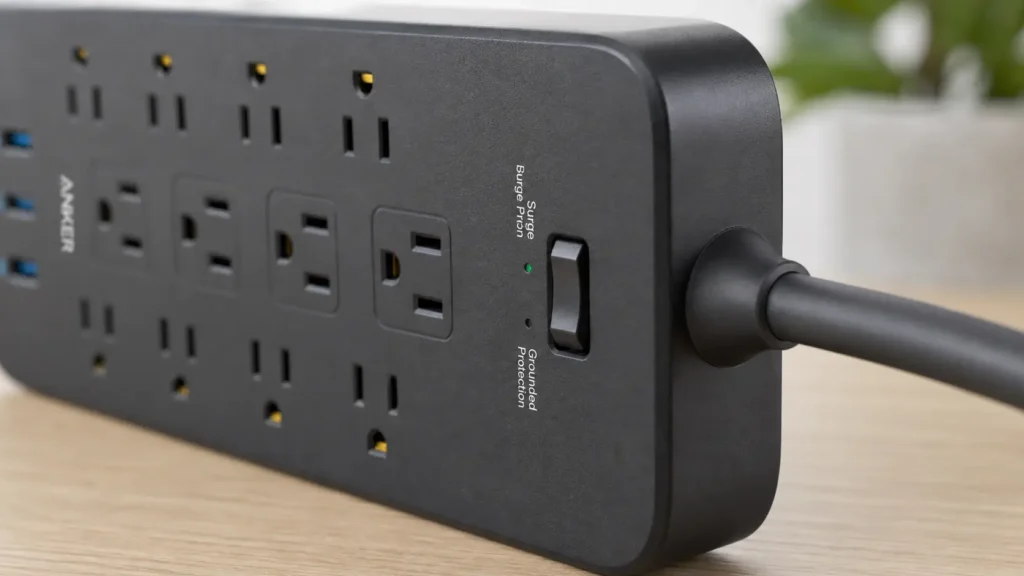 Close up view of the durable cable and sockets on the Anker 10-in-1 10-foot power strip