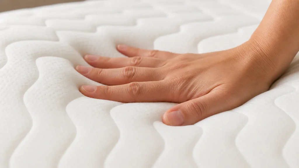 Close up of a hand testing the medium-firm memory foam surface of the Ashley Chime mattress.