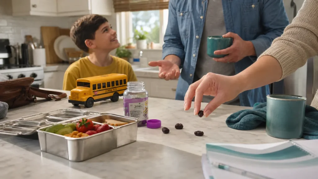 Open bottle of kids elderberry gummies on a kitchen counter next to a school lunchbox.