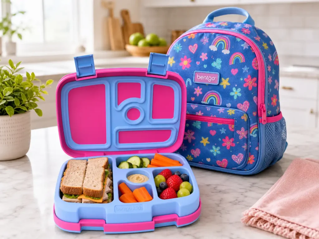 Bentgo Kids Prints Leak-Proof Lunch Box packed with healthy school snacks sitting next to a school backpack