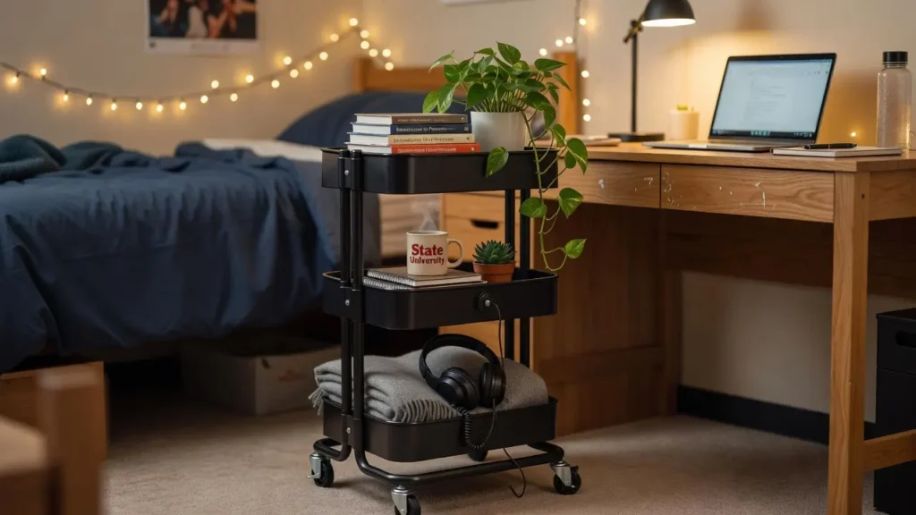 A stylish 3-tier rolling cart for dorm room organization
