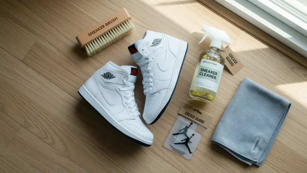 A flat lay of fresh white sneakers surrounded by essential cleaning kits and crease protectors for back-to-school maintenance.